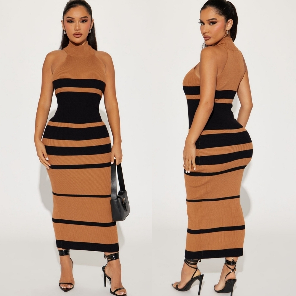 NWOT Tan & Black Striped Mock Neck Fitted Sweater Dress Sz L